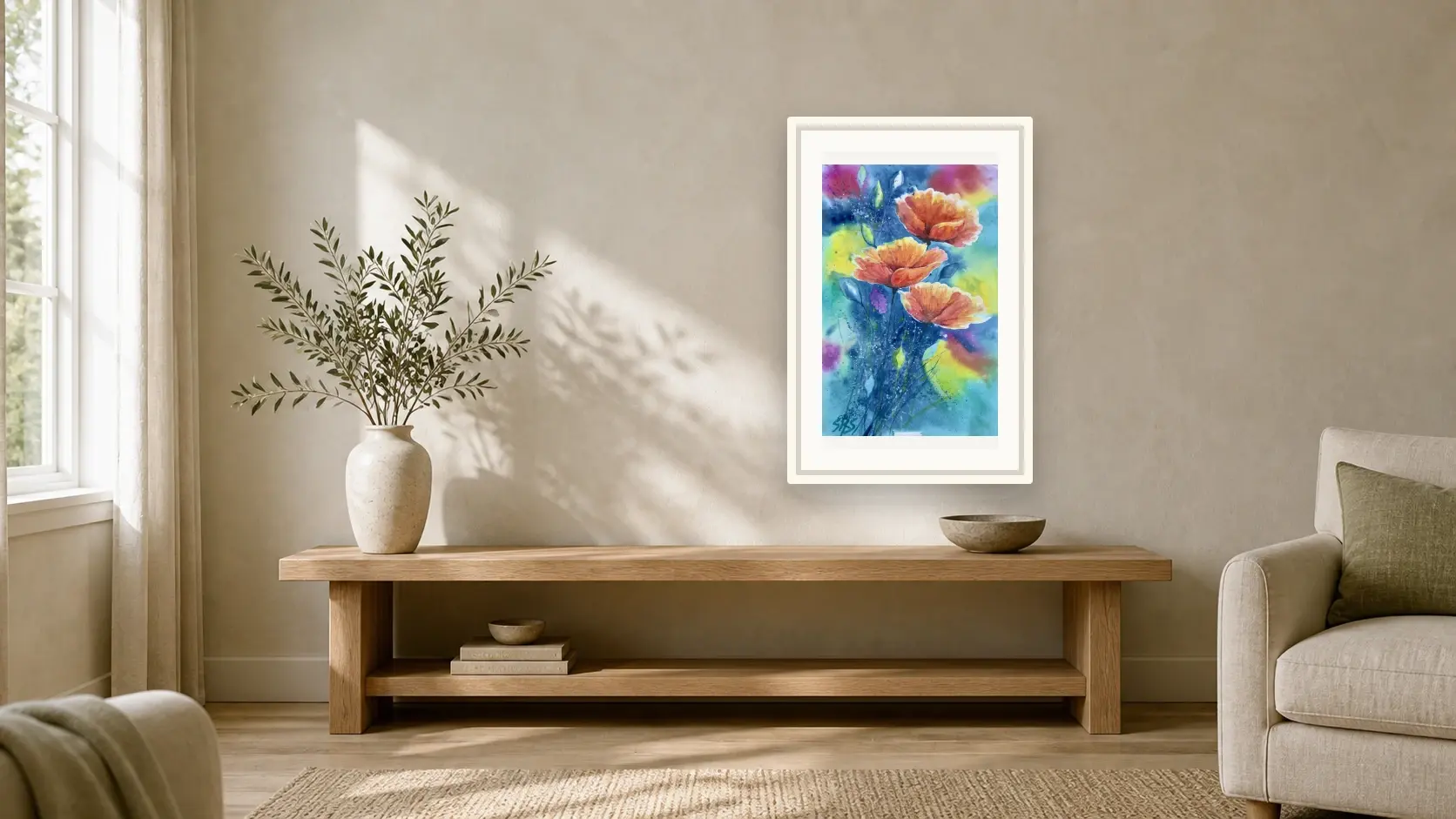 Still Here in Colour shown framed in a calm room setting.