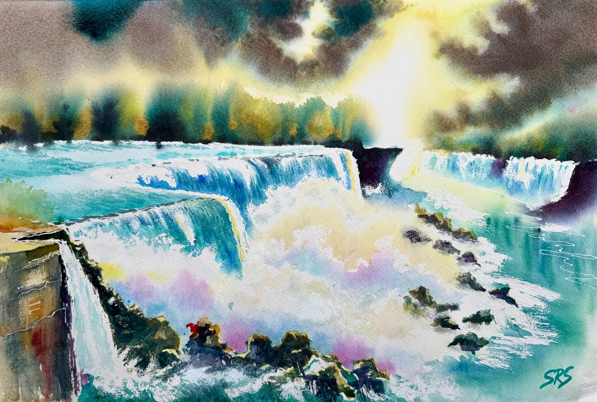 Fall Into Wonder watercolour painting showing a dramatic waterfall, turquoise water, stormy sky, and golden light.