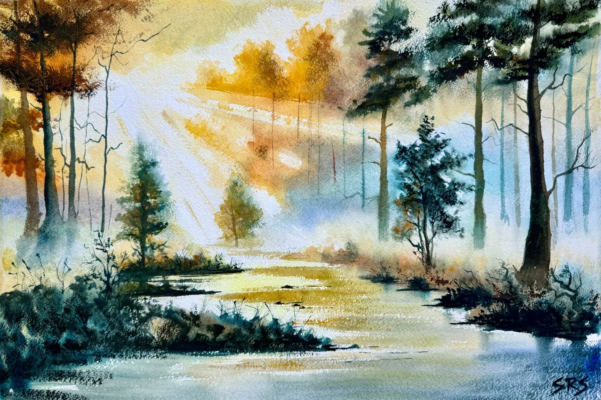 Golden Hush watercolour painting showing a warm golden-hour landscape filled with soft light and stillness.
