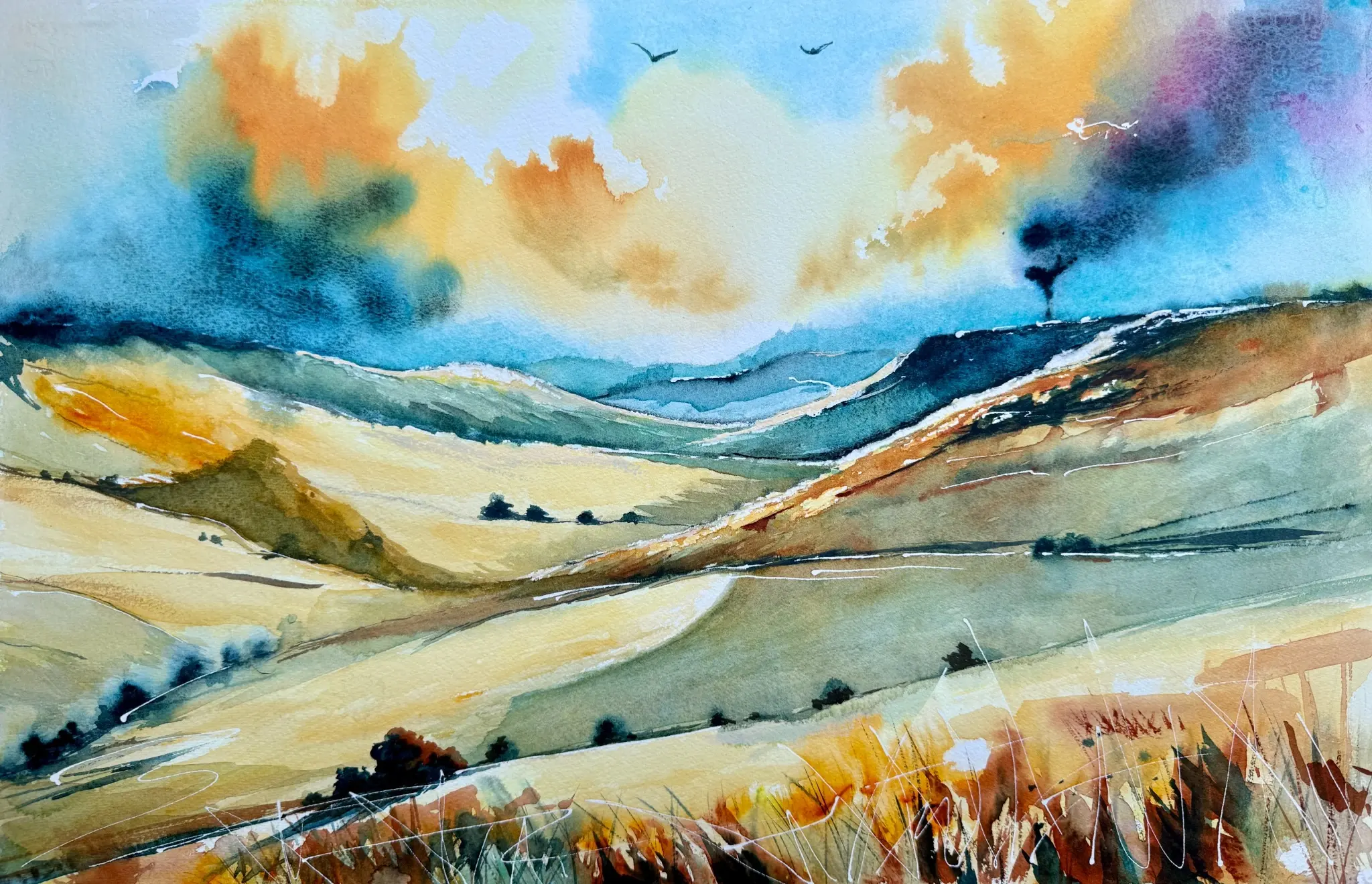 Home Imagined watercolour painting showing rolling hills and open sky, exploring calm, belonging, and the idea of home.
