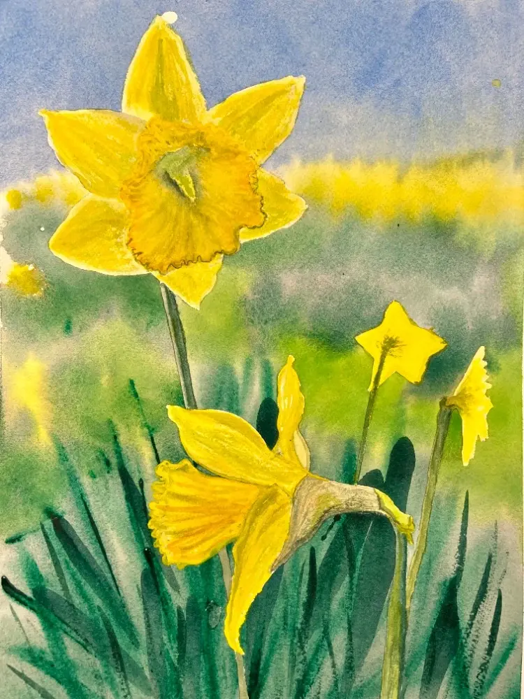 Hope In Bloom watercolour painting showing bright yellow daffodils against soft green and blue spring light.