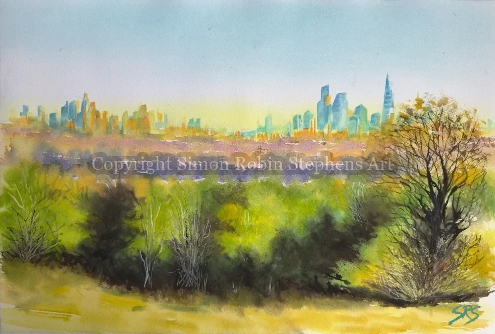 Sanctuary and the City original watercolour painting showing a calm view toward London from Epsom Downs in Surrey.