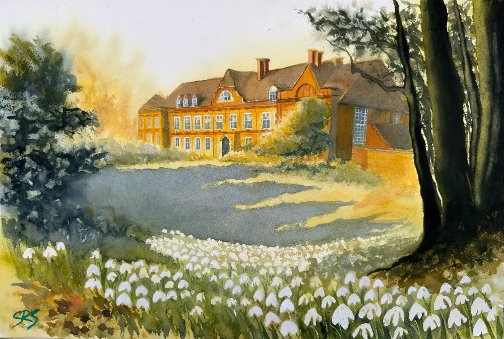 West Horsley Place Snowdrop Promise watercolour painting of snowdrops and early spring light in Surrey.